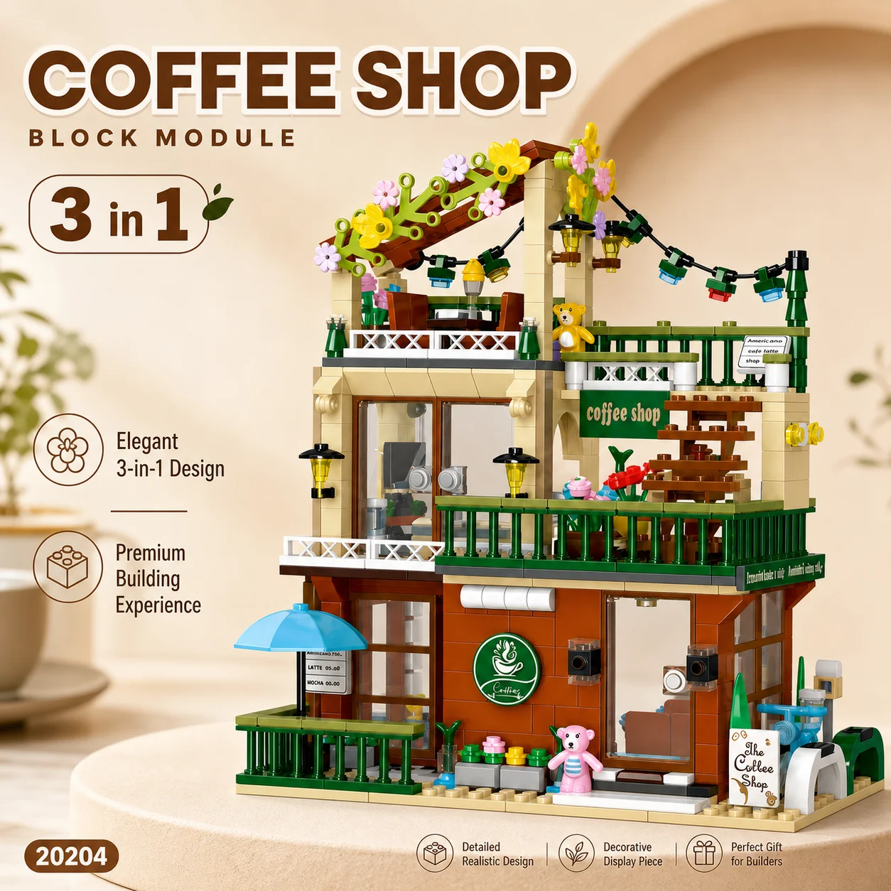 

Coffee Shop Building Blocks Set 3-in-1 Modular Cafe House Model with Rooftop Terrace Flowers Street Lamp Toy English Version
