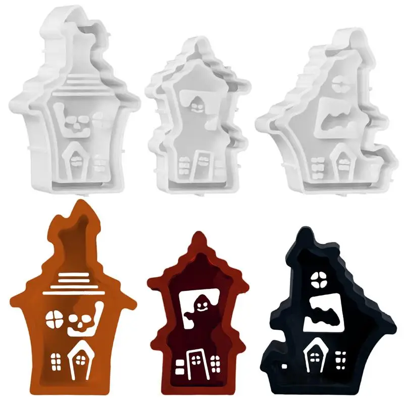 Halloween Spooky Skull Hollow GhostHouse Candle Silicone Mold DIY Cement Gypsum Holder Base Decoration Ornament Resin Handicraft