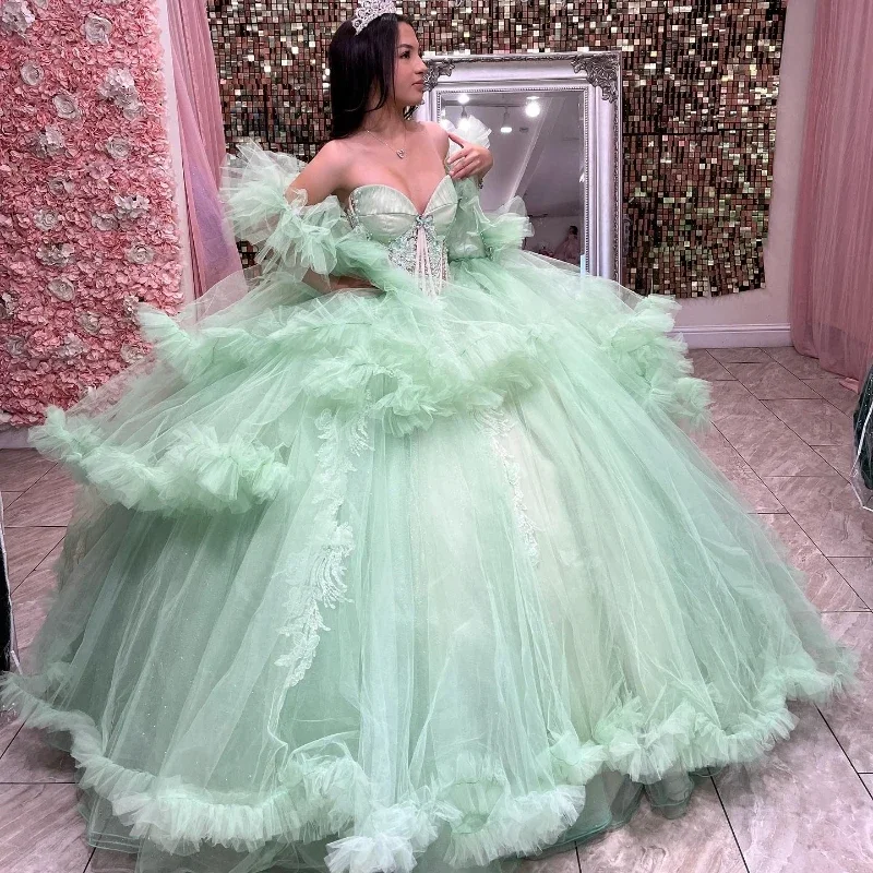 النعناع الأخضر فساتين Quinceanera الأميرة خرز كريستالي المتدرج تول فساتين حفلات عيد ميلاد الحلو vestidos de 15 Anos مخصص