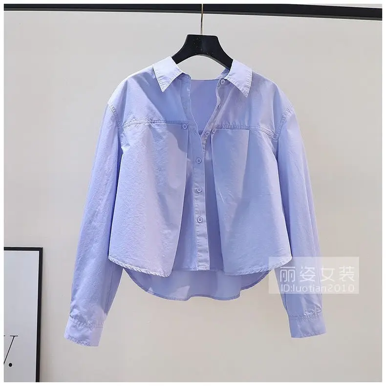 Camicia corta plissettata Design Sense, camicia in cotone a maniche lunghe allentata blu da donna, nuovo Top per la primavera/estate 2024