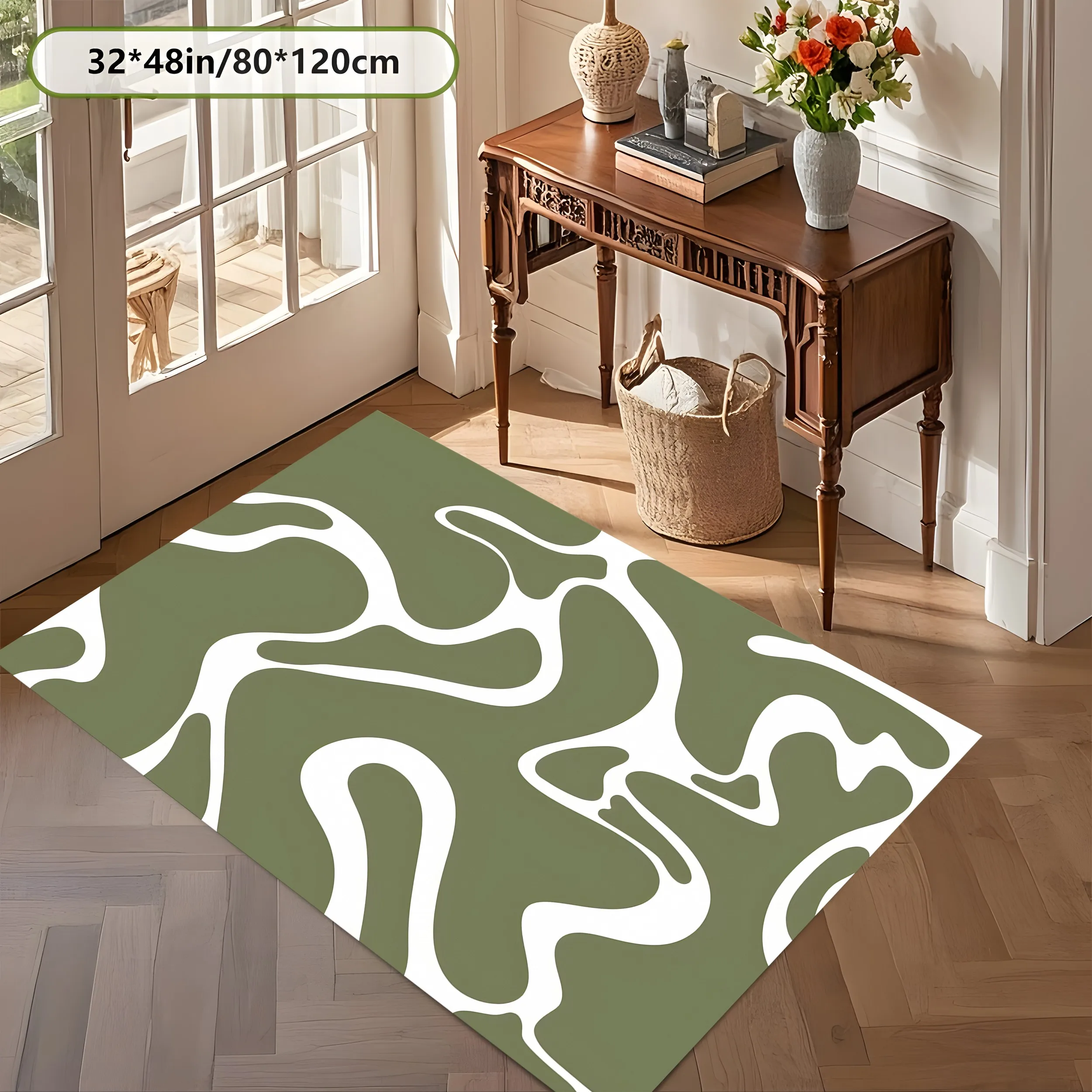 2D Matcha Green Abstract Flowing Lines Rug Modern Minimalist Style Living Room Bedroom Home Decor