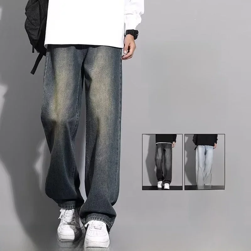 

Thiened Fce Men's Denim Jeans High Waist Straight Leg Loose Fit Windproof High Street Hip Hop Lettering Trendy Pants