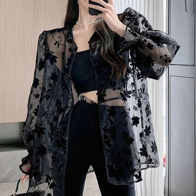 Women Chinese Style Vintage Sunscreen Cardigan Shirt Sexy Mesh See Through Loose Blouse Summer Black Long Sleeve Thin Tunic Tops