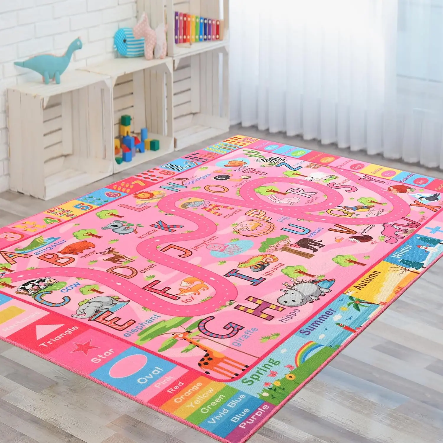Pink Educational Kids Play Rug, Washable Non-Slip Learning Mat with ABC Numbers Animals, Classroom Nursery Carpet