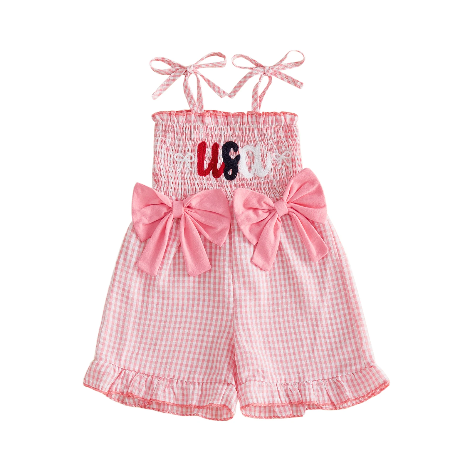 Toddler Baby Girls Striped Jumpsuit Fashionable 4th of July Letters Embroidery Sleeveless Ruffle Overalls