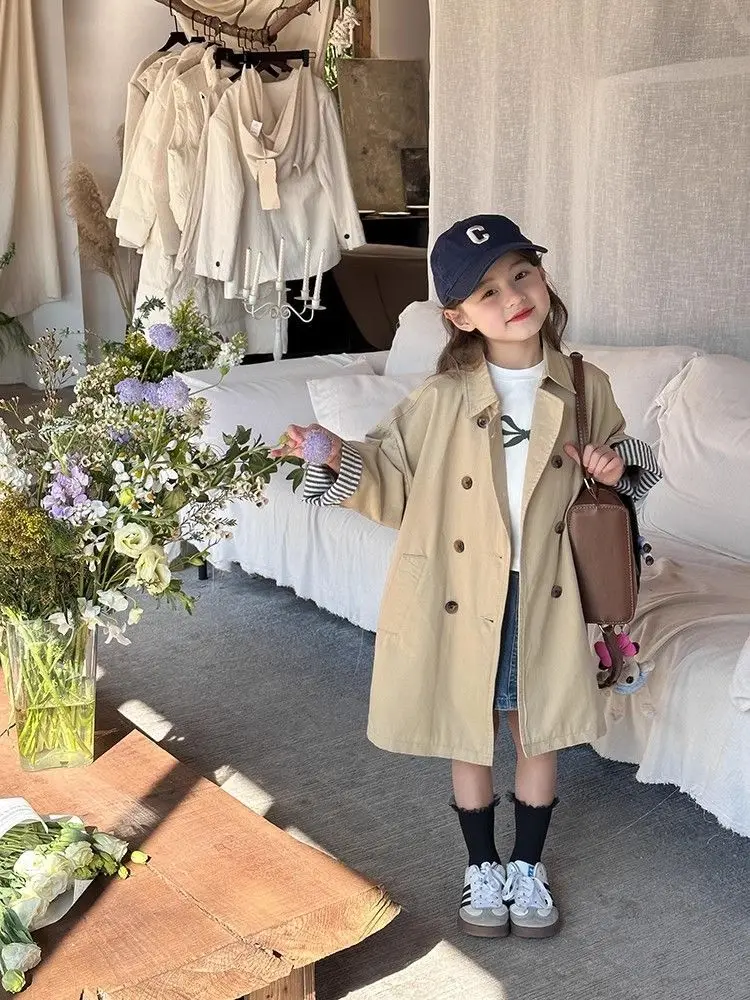 소녀의 트렌치 코트 봄과 가을 어린이 서양 영국 스타일 중간 길이 재킷 110-160cm