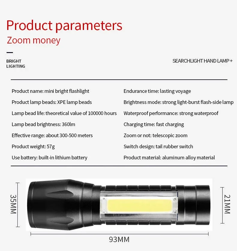 Linterna LED potente para exteriores, linterna de bolsillo impermeable con zoom, 3 modos, Mini linterna Led para acampar