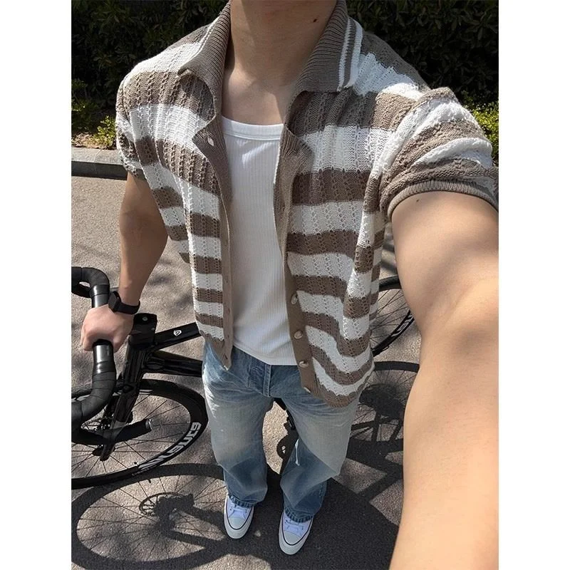 

Мужская летняя рубашка-жакет в американском ретро-стиле, полосатая, с коротким рукавом, из ажурной вязки, в стиле casual, премиум-класса