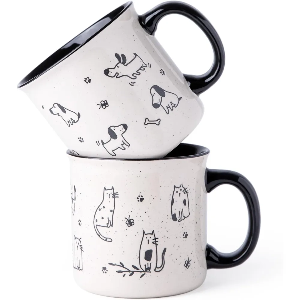 

Большие керамические кружки на 2 упаковки, 22 унции, большая ручка, текстурированный дизайн для собак/кошек, сейф для микроволновой печи (черный)