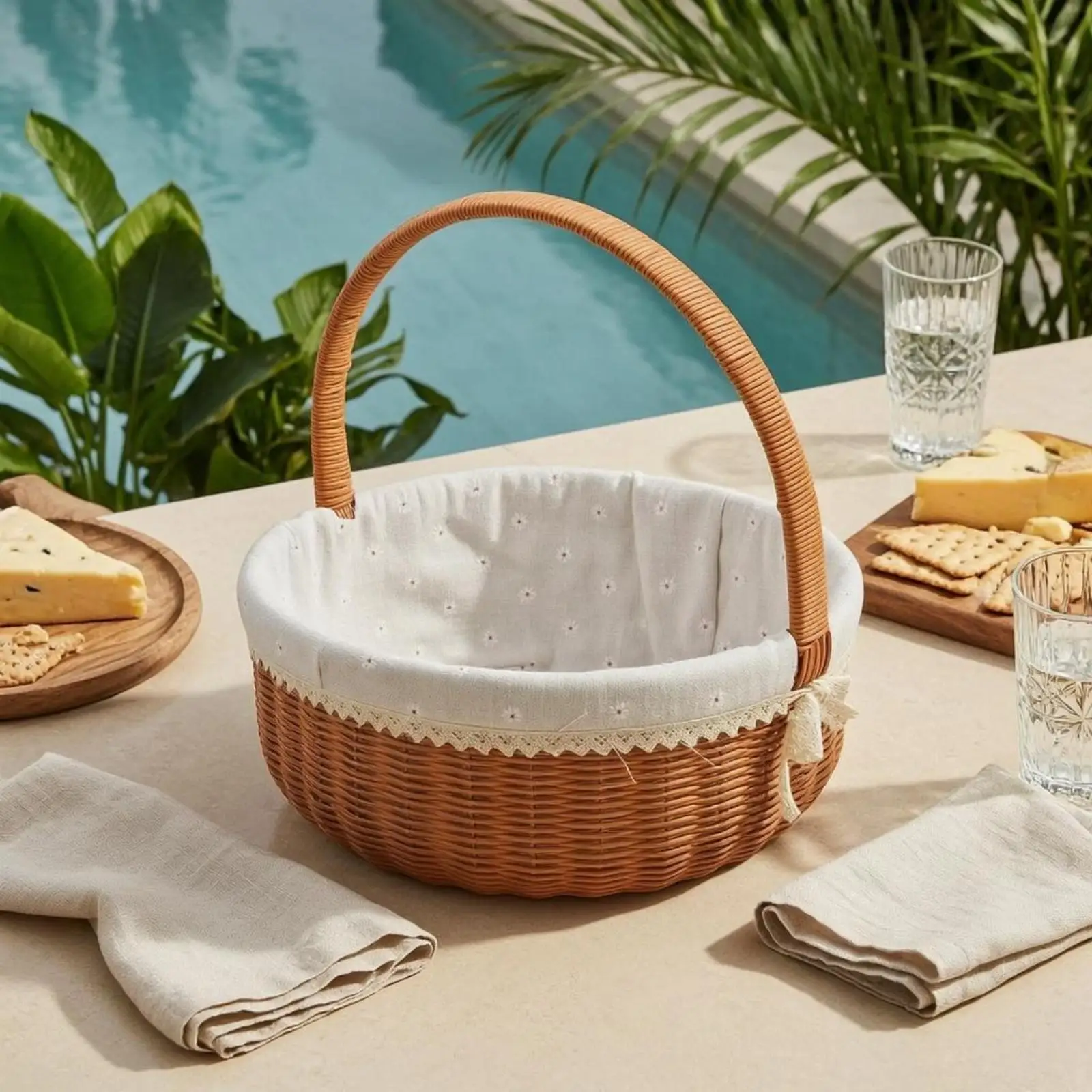 Classic Round Wicker Picnic Basket Floral Insert Lace Border for Garden Party Storage Basket Organizer