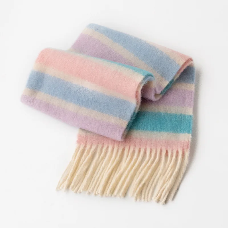 Mohair Rainbow Color Winter Scarf for Warm Pashmina Blanket Wraps Female Thick Soft Bufanda Big Tassel Shawl Long Poncho Echarpe