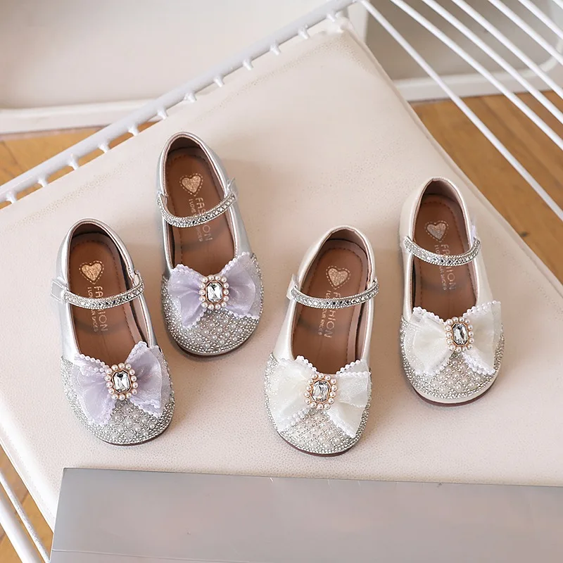 Chaussures de princesse pour filles, chaussures simples à paillettes avec nœud doux, à la mode, semelles souples, antidérapantes, robe de tempérament, 2025