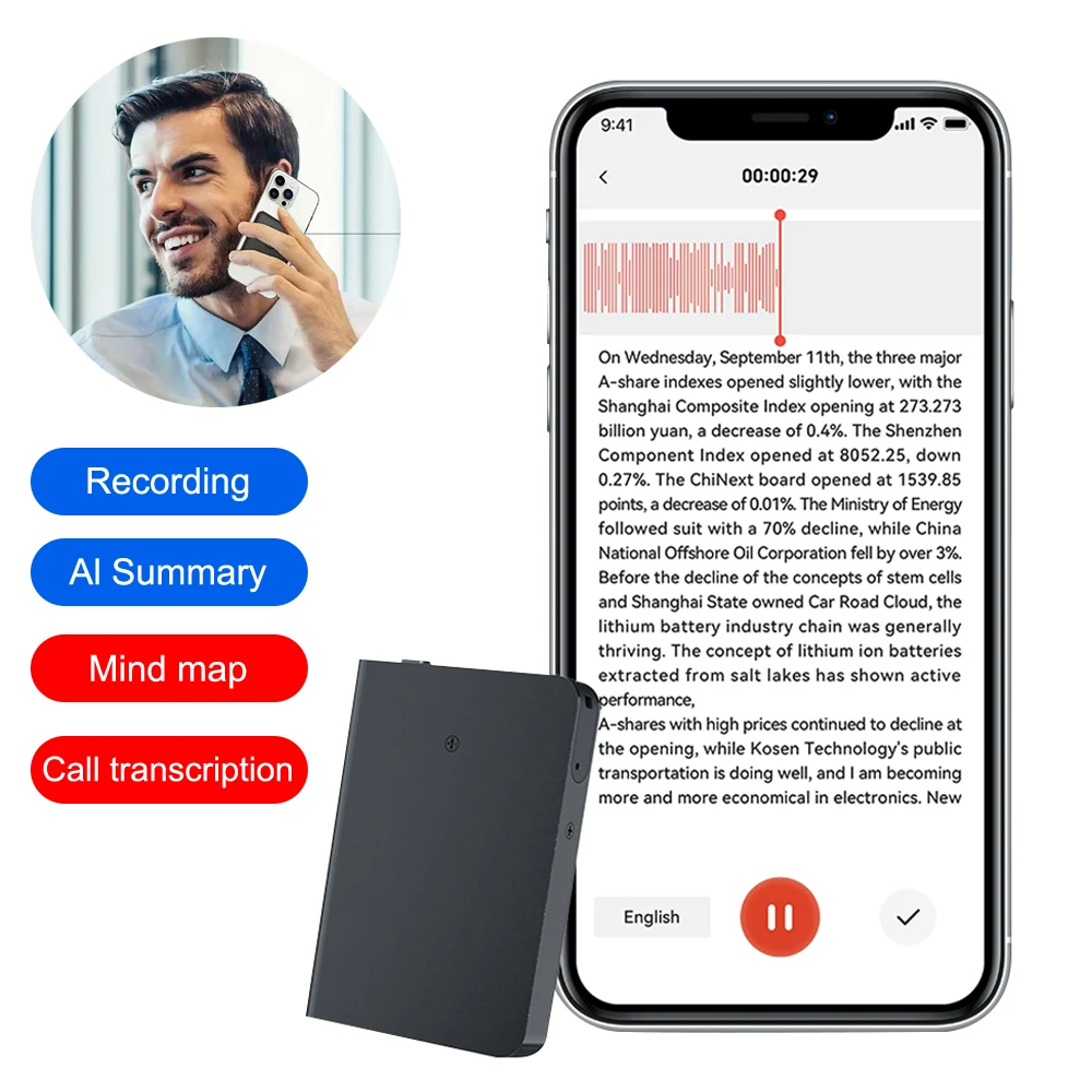 128GB AI Voice Recorder APP Phone Call Smart Audio Record Real Time Transcribe Summarize Language Translation Sound Dictaphone