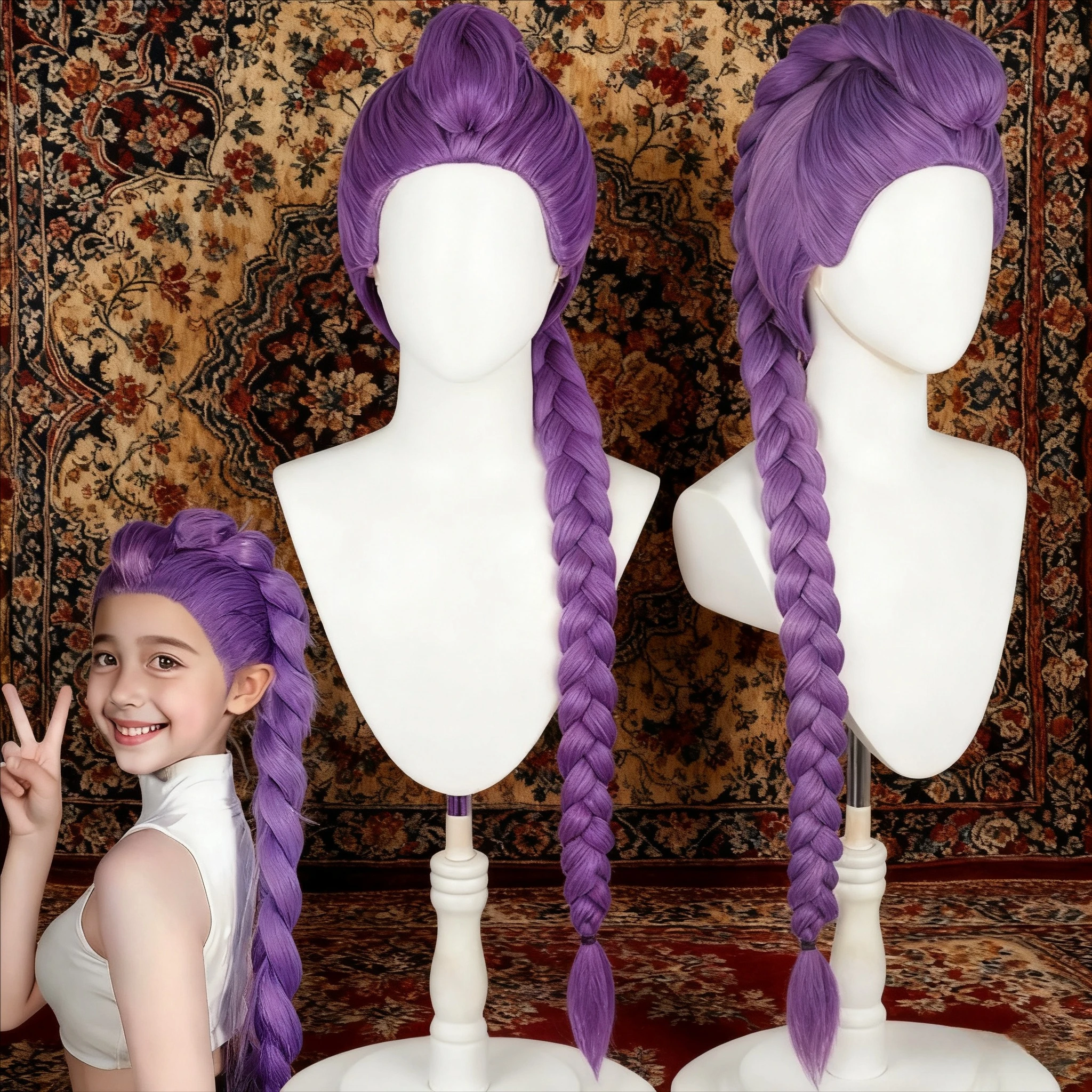 Lila Anime-Cosplay-Perückenset mit langen Haaren und Haarschmuck für Frauen, perfekt für Kostümpartys