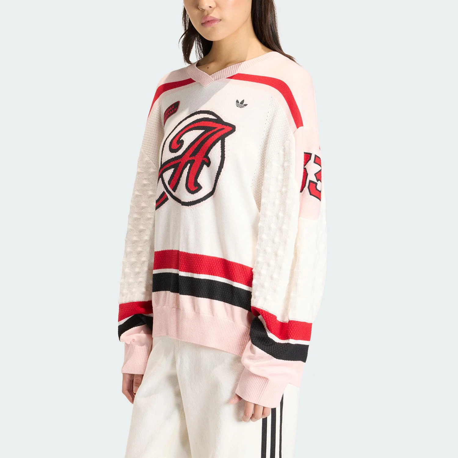 Adidas Authentic Three Leaves Women's V-Neck Knitted Loose Sports Pullover Sweater KS6458