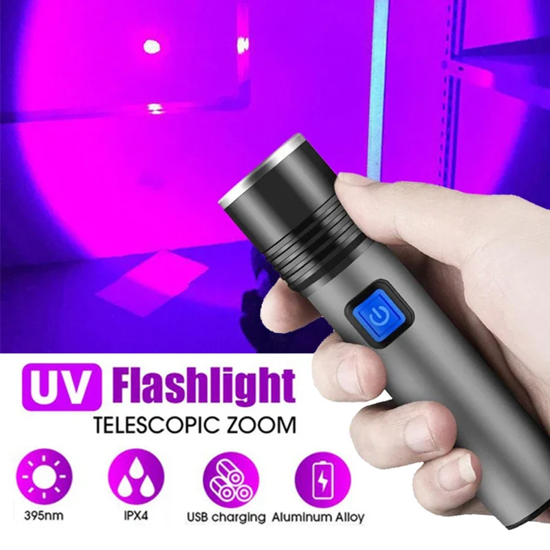 Lampe De Poche UV Camemo 395nm Zoomable - Rechargeable USB - Lumière Noire Ultraviolette