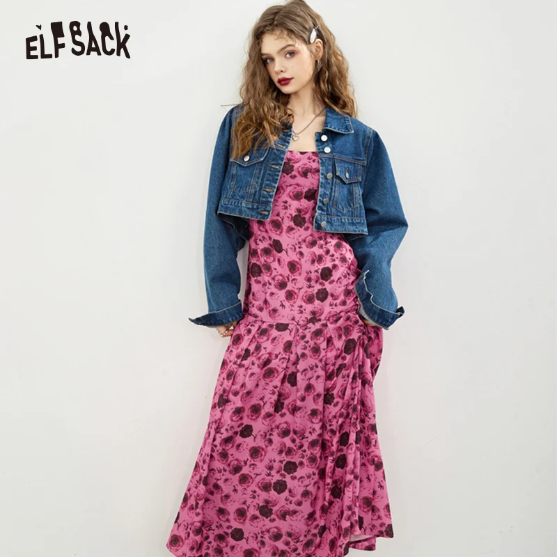 ELFSACK Pink Floral Slip Dresses Women 2023 Spring New Long Loose Casual Dress