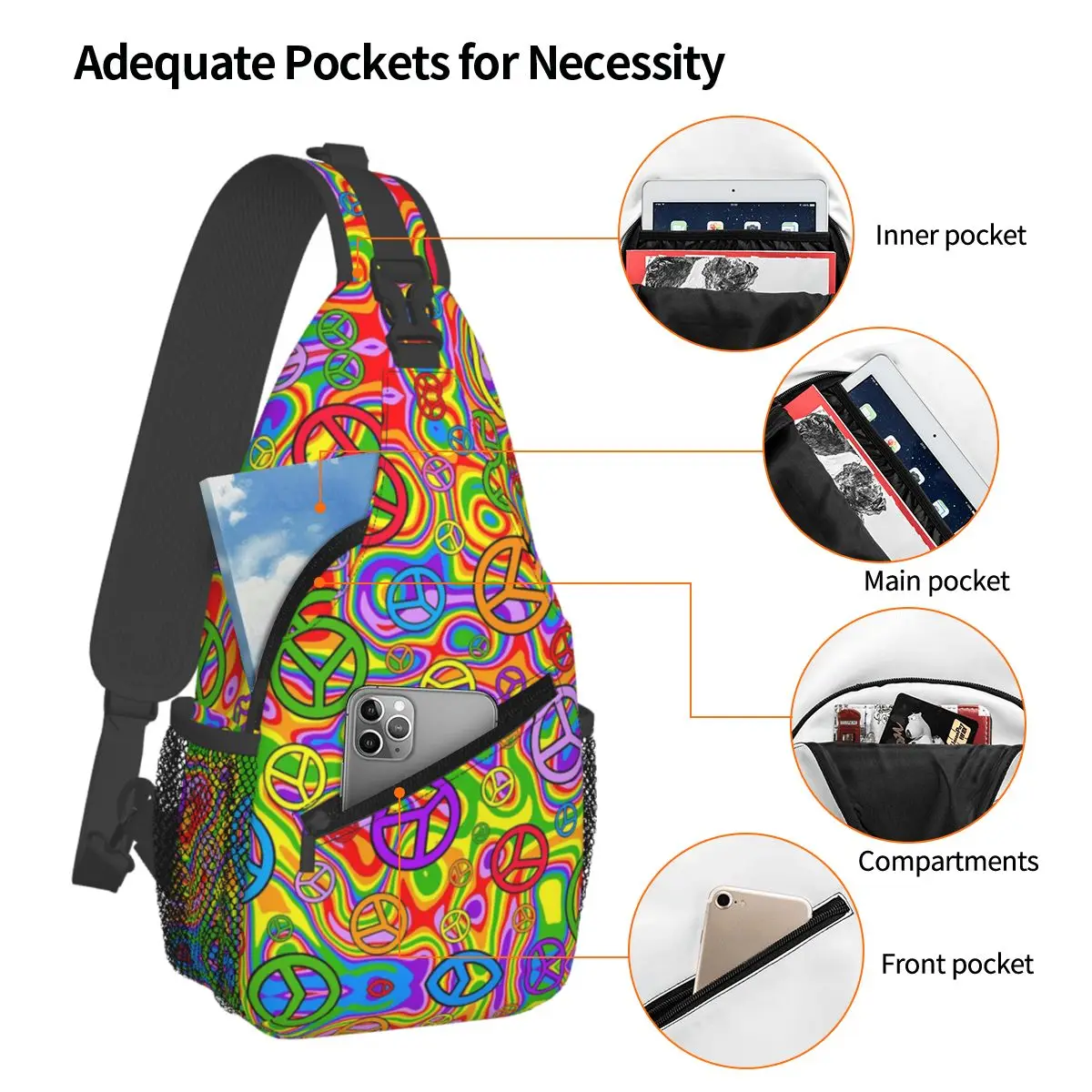 

Abstract Rainbow Pride Peace Symbol Chest Bag Men Sling Crossbody Backpack Chest Bag Traveling Hiking Daypack Shoulder Bag