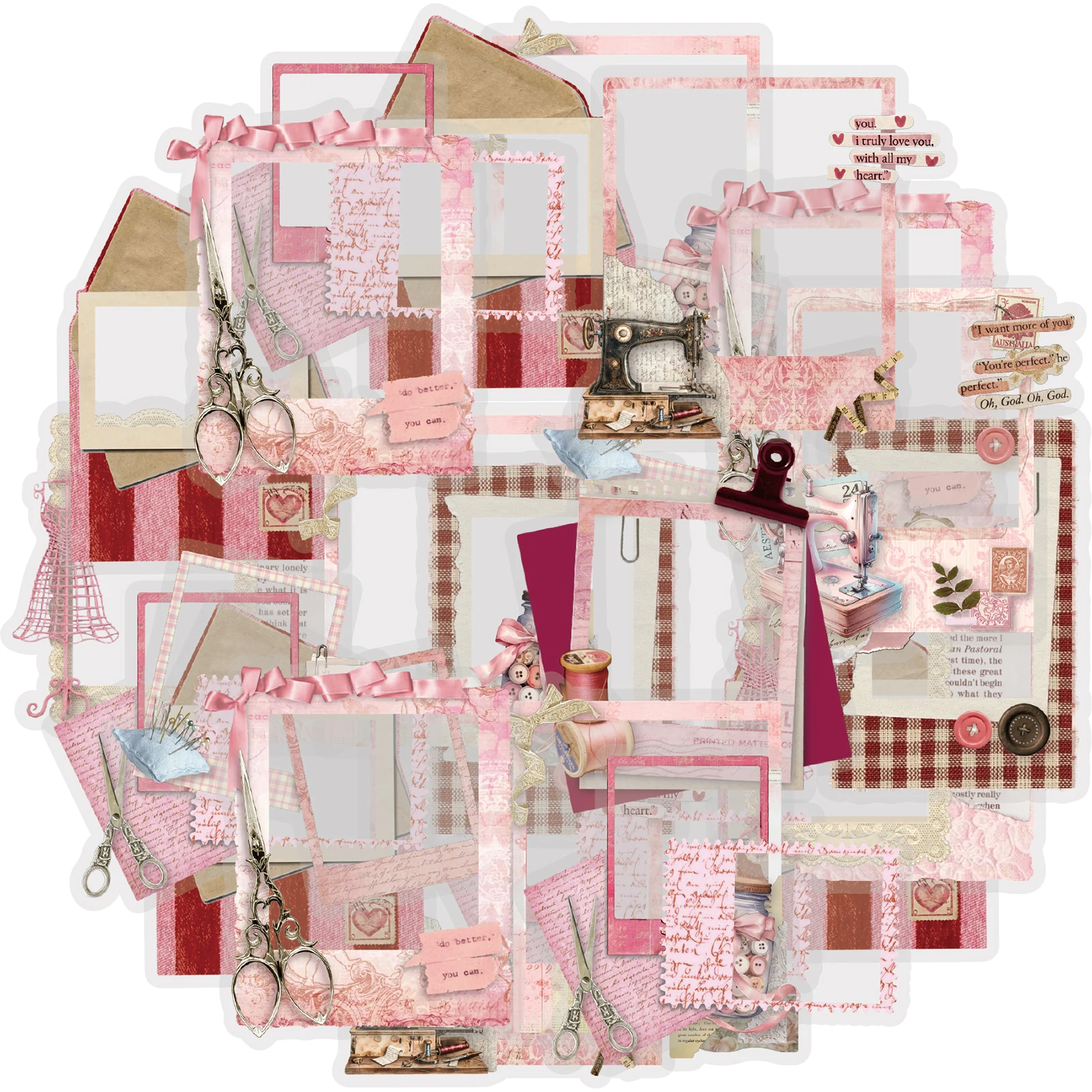 Etori Life Dream Diary 20Pcs Vintage Sewing Shop Journal Border Stickers Pink Series Blank Note Decoration Stickers with Sewing Machine Elements DIY Photo Album, Handmade Scrapbook Supplies, Card Making, Student Gift Paper Bags, Baking Sealing, Toy Stickers, Gift for Friends