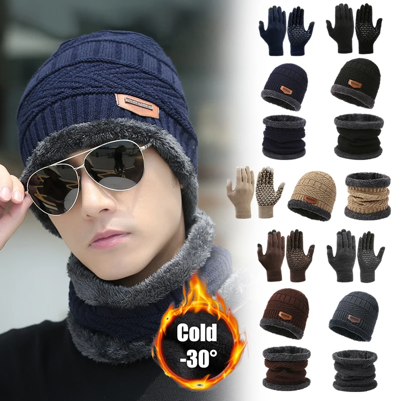 3Pcs/Set Winter Warm Cap Scarf Gloves Men Thermal Windproof Thickened Knit Hats For Running Cycling Outdoor Sports