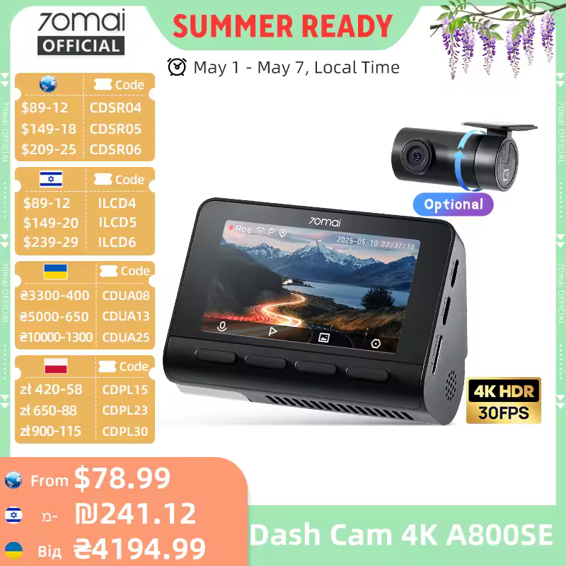 70mai 4K Dash Cam A800SE Upgraded Version of 70mai A800S Voice Control Supercapatior GPS ADAS Car DVR 70mai A800SE UHD Wifi 6