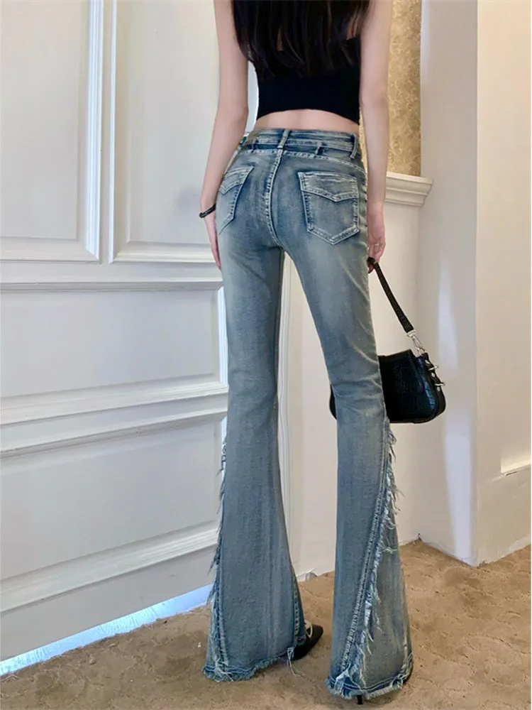 Fashion Raw Edge Splicing Jeans Woman Plus Size American Retro Hottie Slim Floor Mopping Casual Bell Bottoms High Waisted Jeans