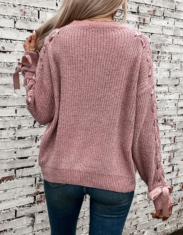 Tie Up Bow Pullover 2024 Autumn and Winter Women's Sweater Loose Casual Long Sleeved Knitted Sweater New Fashion Pullover