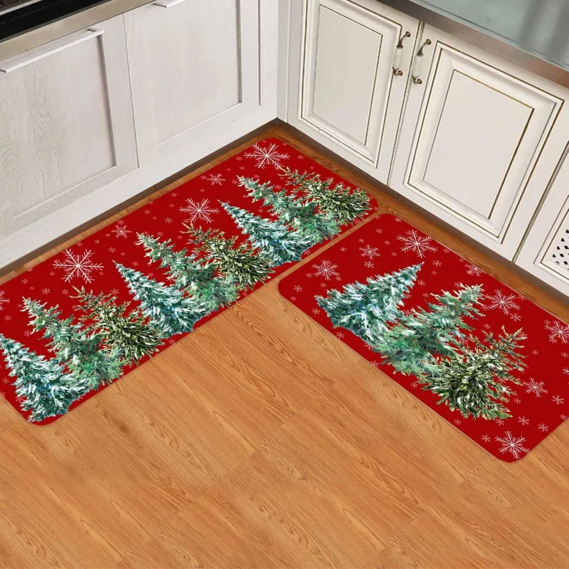 

Christmas tree red kitchen floor mat 2-piece set white snowflake carpet green forest decorative door mat 16inx24in 17inx47in