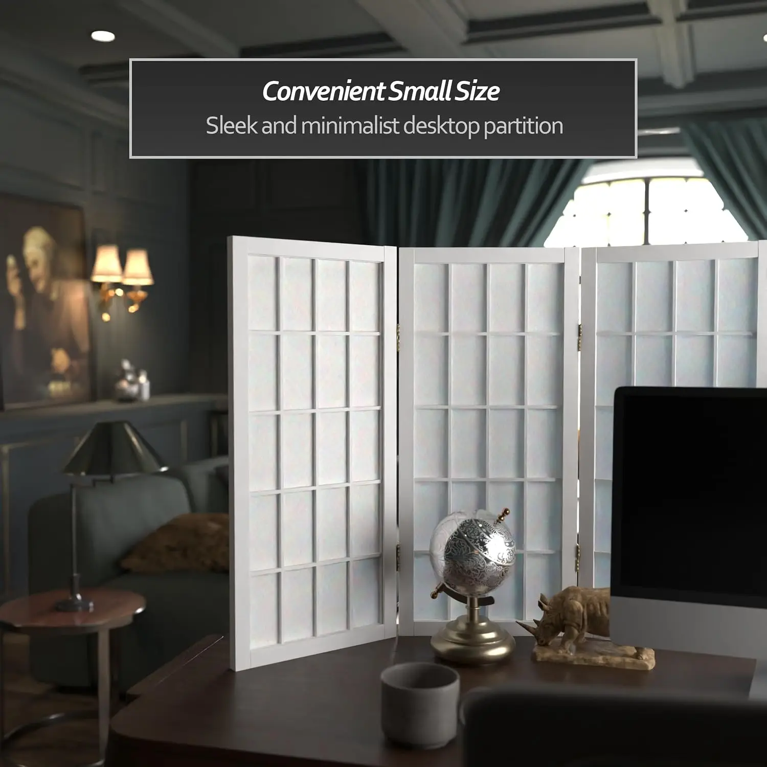White 3-Panel 2 ft. Short Desktop Shoji Screen Featuring Window Pane Design