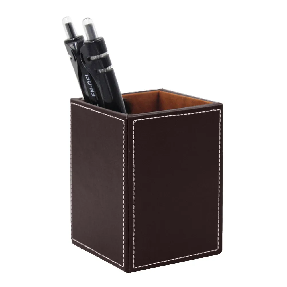 

1Pcs PU Pen Holder Simple Stylish Brown Square Pen Pot Office Desk Organizer Desktop Storage Pencil Holder
