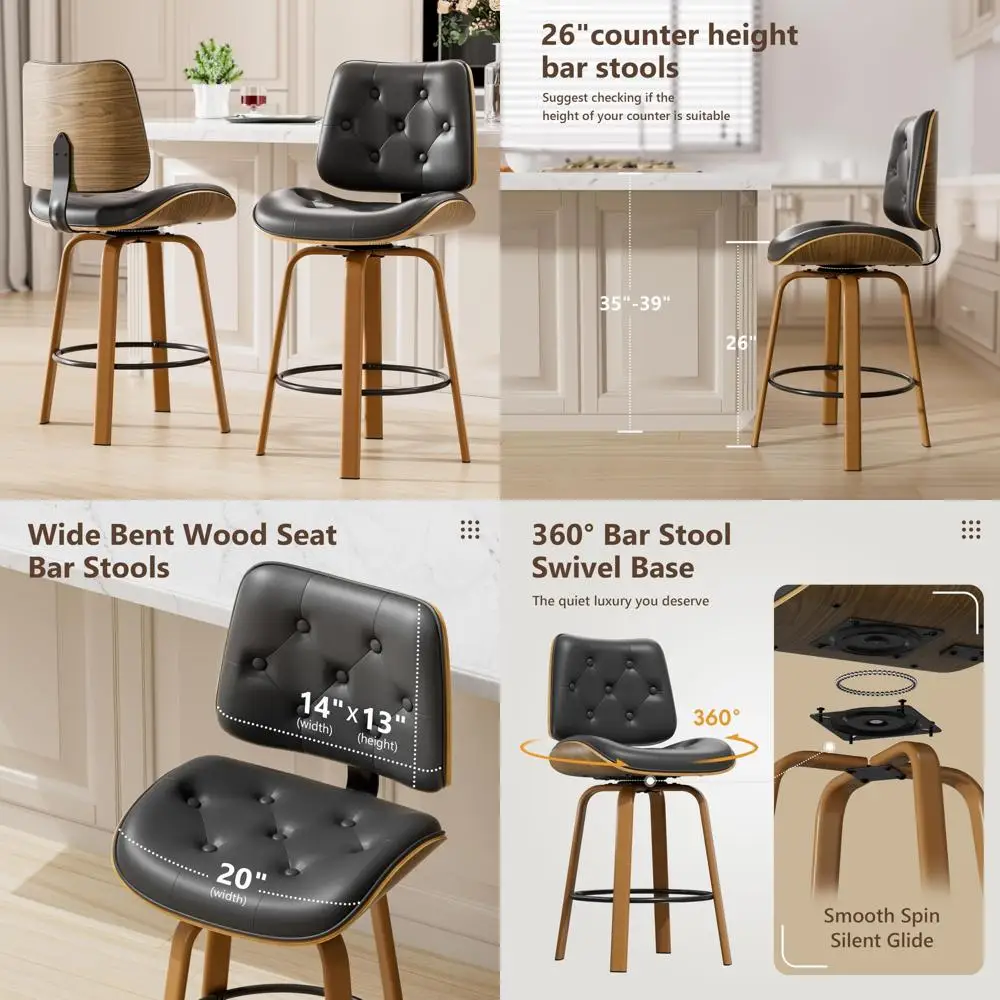 counter height bar stools set of 2, 26 inch black leather bar stools for kitchen island, bentwood swivel barstools with back, bu