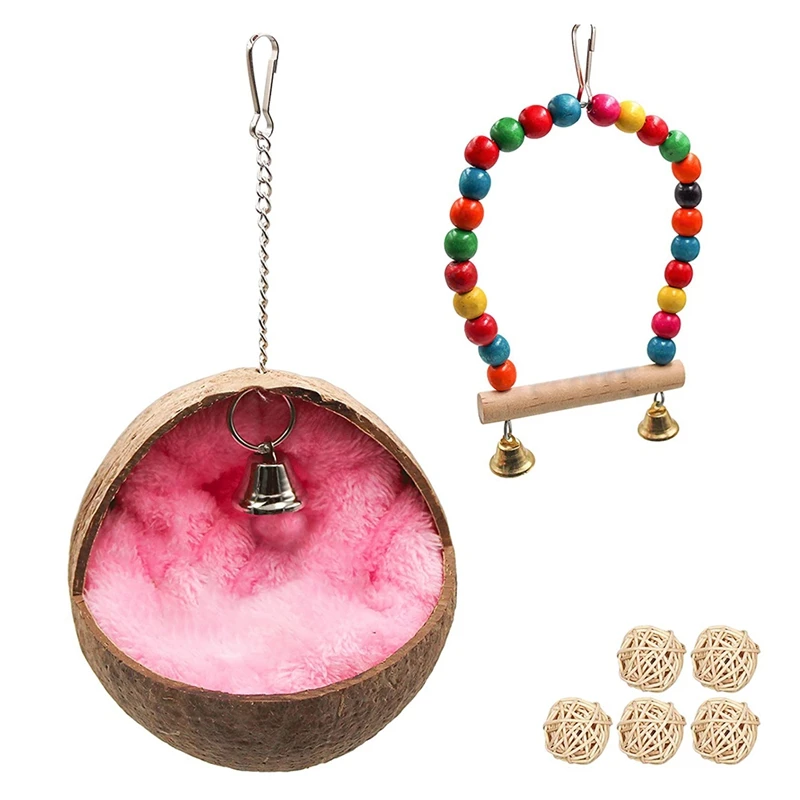 Natural Coconut Bird Nest,Parrot Coco Hut House Bed With Warm Mat Resting Breeding Place&Bird Natural Wood Swing Toys