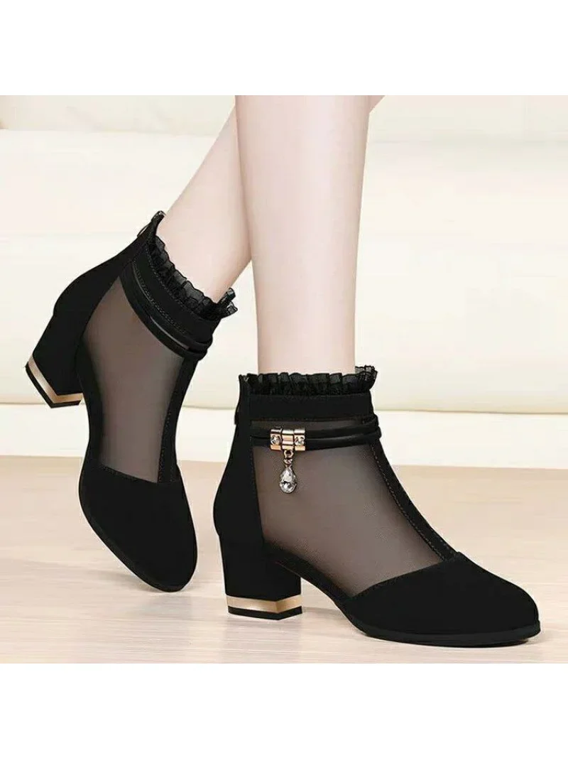 New Summer 2024 Fashion Women\'s Boots High-heeled Sandals Chunky Heel Black Short Boots Shoes Plus Size