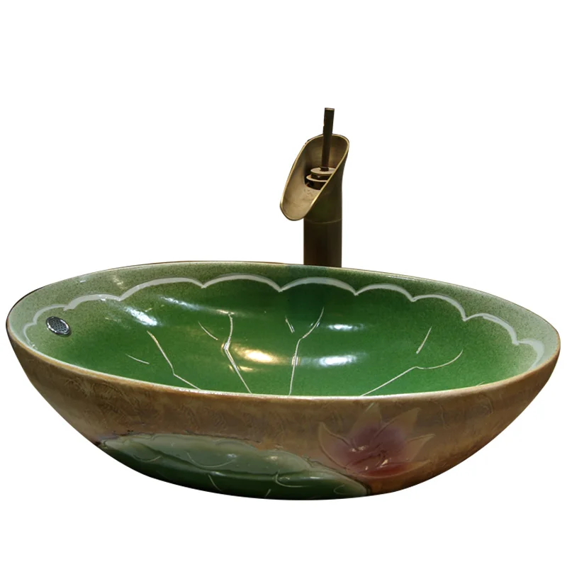 Overflow hole retro ceramic art table basin, new Chinese antique oval wash basin, oval large bathroom basin