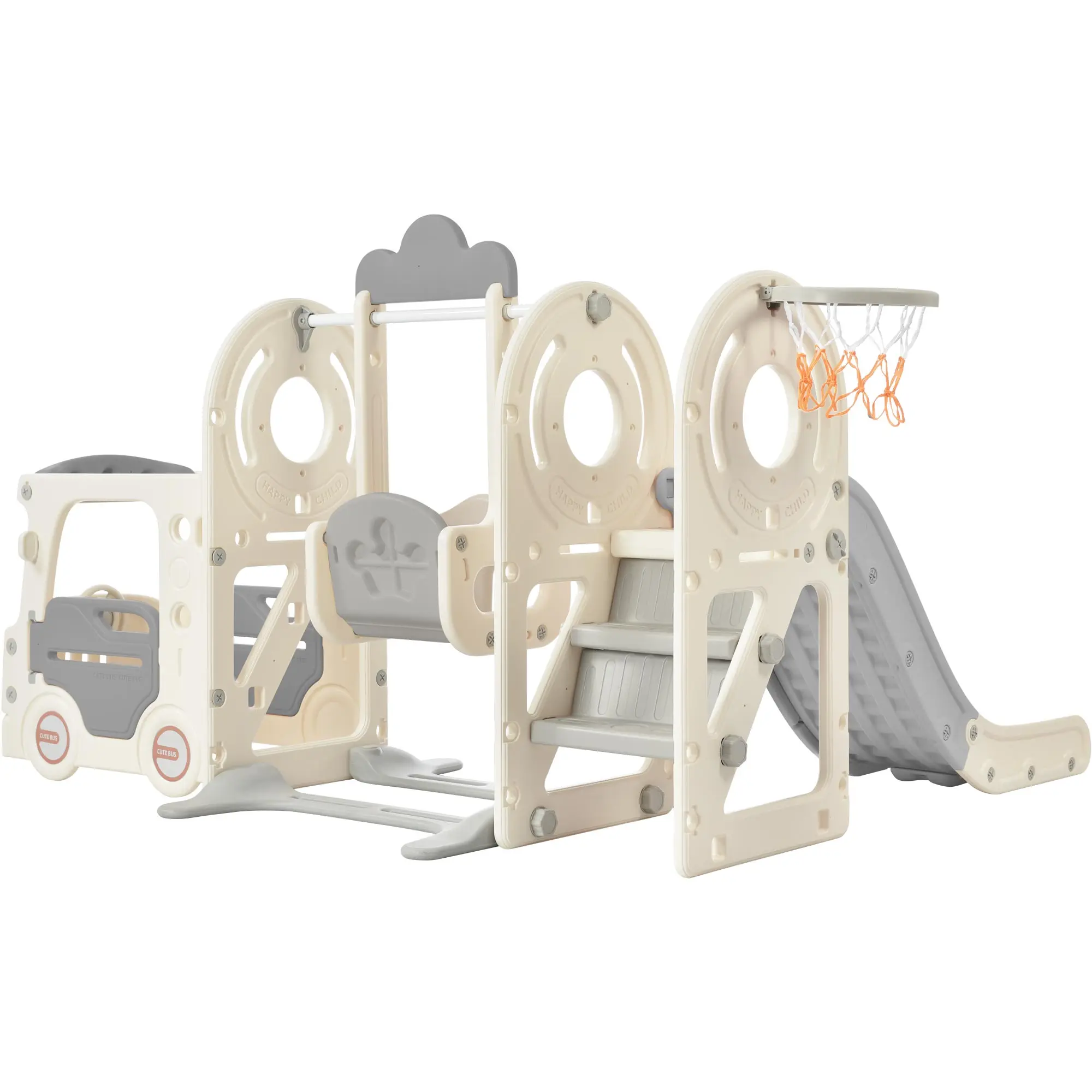 Swing-N-Slide avec structure de jeu pour enfants, jouet de bus autoportant avec toboggan et balançoire pour les tout-petits, ensemble de toboggans de bus avec basket-ball Ho