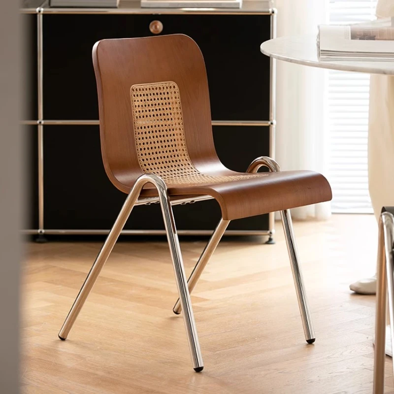 

Nordic medieval stainless steel dining chair household living room solid wood rattan backrest