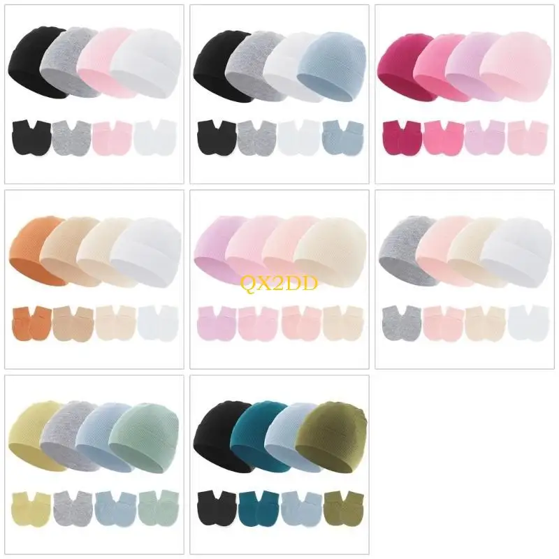 

QX2D 4 Set Soft Cotton Infant Hat Fetal Caps and Gloves Set Color Baby Product