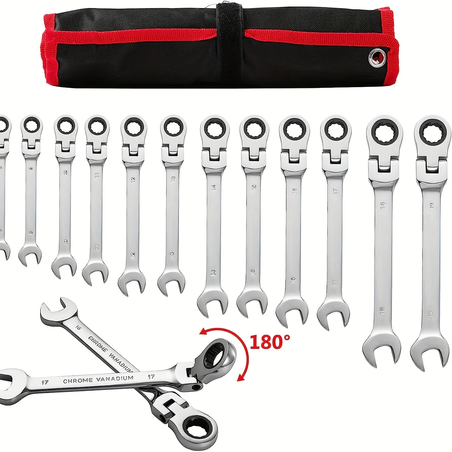 Flex-Head Ratcheting Combination Wrench Set SAE 1/4\'\'-13/16\'\' Premium 72-Teeth Gear Chrome Vanadium Nickel Plated Accessories