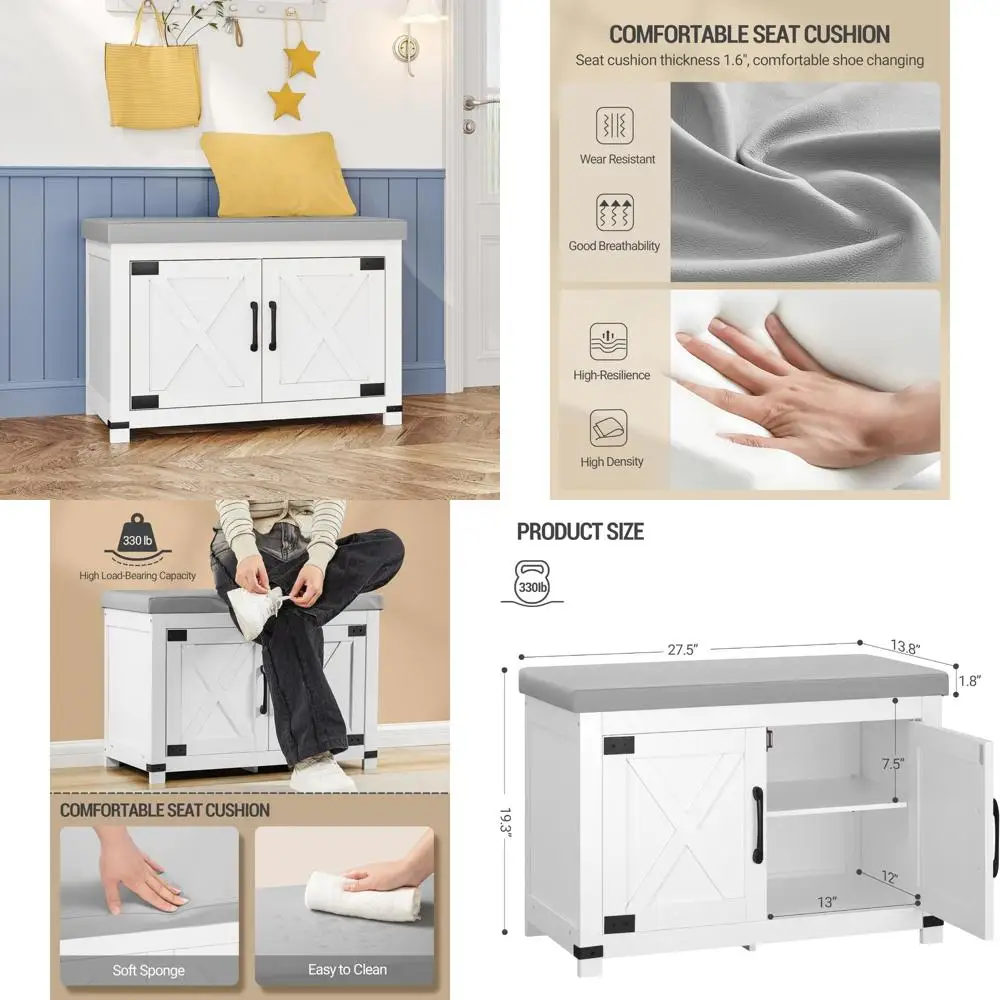 

2-tier padded entryway shoe bench with barn door and adjustable shelf