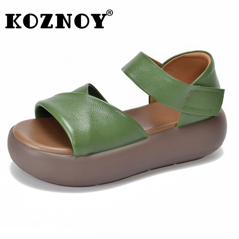 

Koznoy 5.5cm Cow Genuine Leather Ethnic Platform Wedge Flats Summer Shoes Women Hook Ladies Peep Toe Shallow Mary Jane Luxury