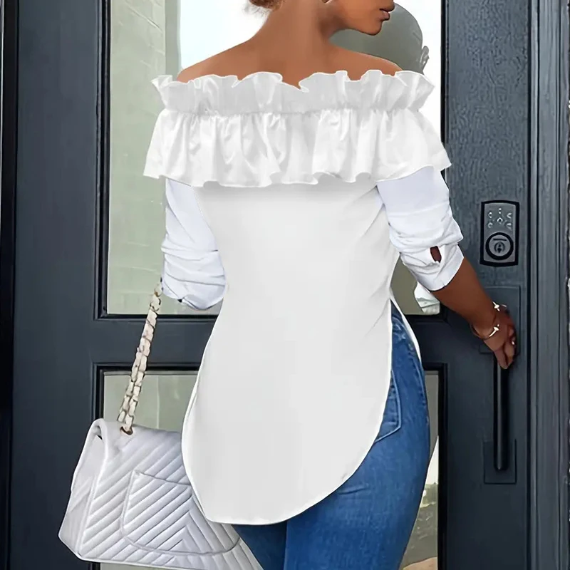 Neue Off Schulter Rüschen Langarm-shirt Frühling frauen Casual Unregelmäßige Bluse Einfarbig Slim Fit Mode Büro Dame Top