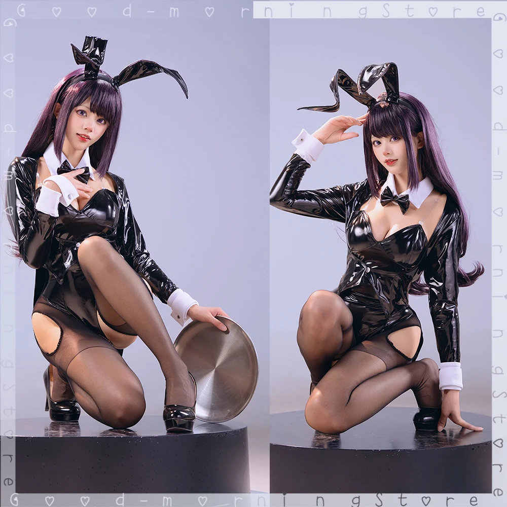 anime My Dress-Up Darling Kitagawa Marin Cosplay black pu Bunny Girl Marin Kitagawa Wig Bunny Ear Cosplay pu Costume Outfit