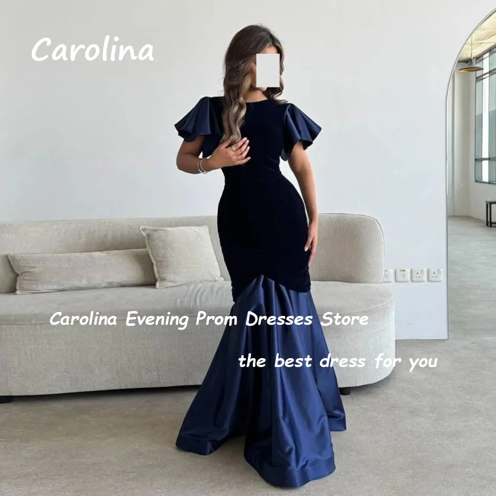 Carolina Customized Mermaid Evening Dress O-Neck With Short Sleeves Satin Floor-Length Formal Occasion Saudi Arabia فساتين سهرة