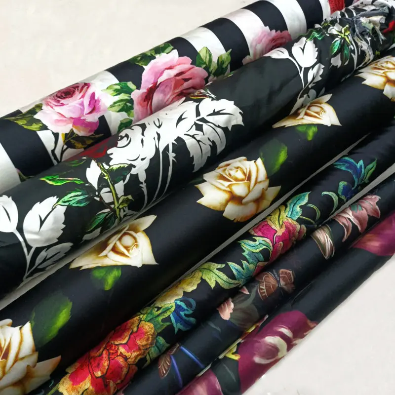 Black Background Large Flower Pattern Printing Digital Inkjet Silk Fabric 19 Momme Stretch Silk Fabric Dress