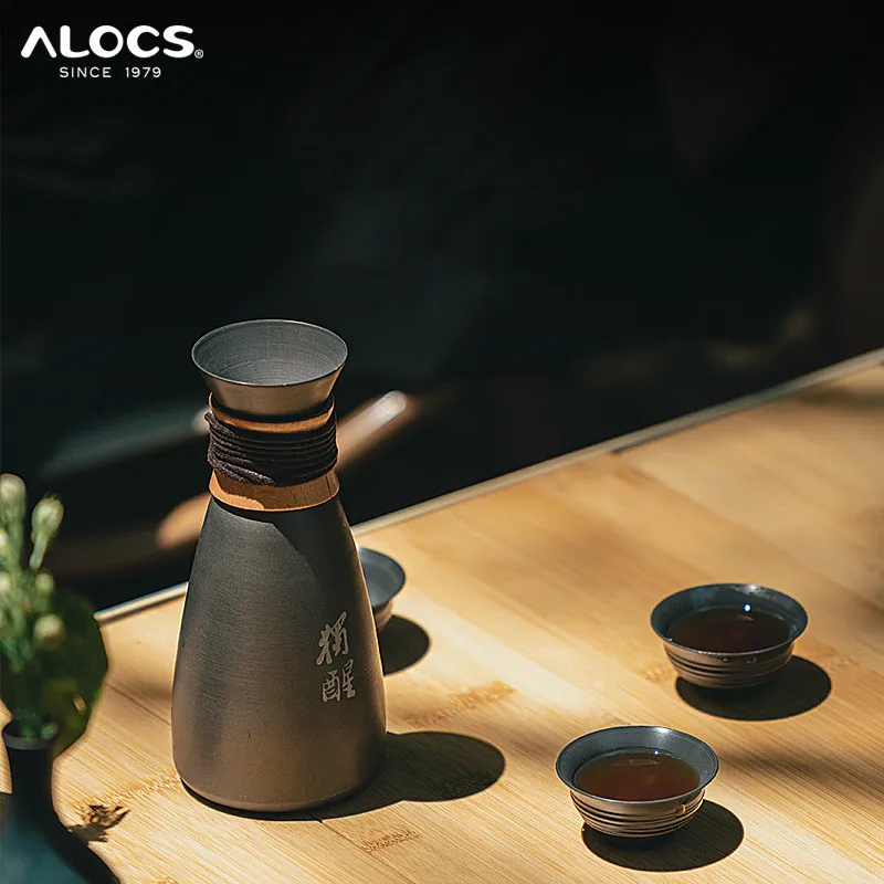 Outdoor Camping Wine Set ALOCS Portable Aluminum Alloy Wine Warming Mountaineering Vintage Wine Pot Set With 3pcs Wine Glasses
