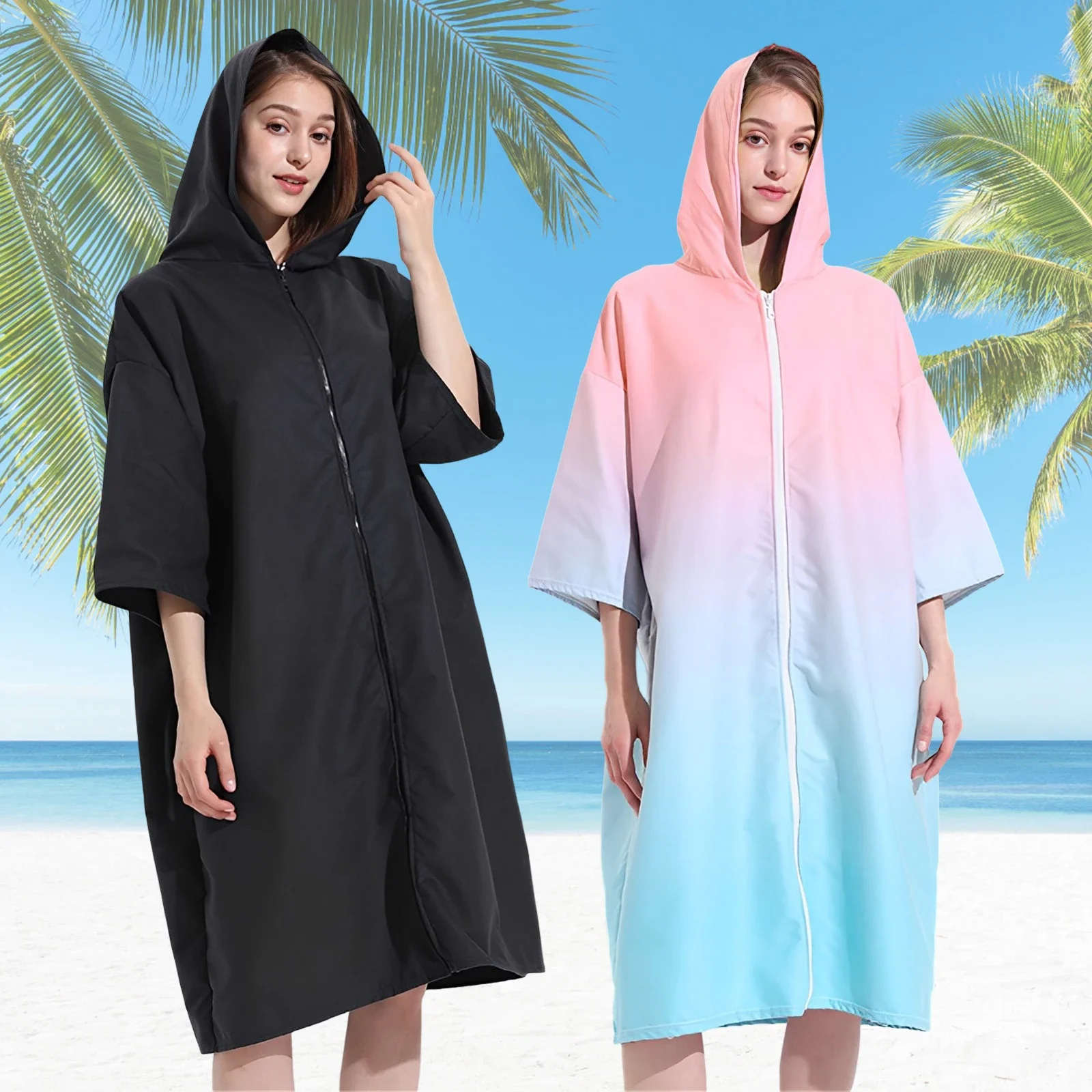 Changing Robe with Hood Microfiber Towel Poncho with Zipper Short Sleeve Surf Poncho Quick Dry Oversized Changing Towel Robe