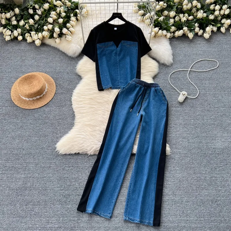 Neploe Simple Fashion Short Sleeve Patchwork Denim Tops Women+ High Waist Straight Wide Leg Pants 2024 Summer New Two Piece Sets