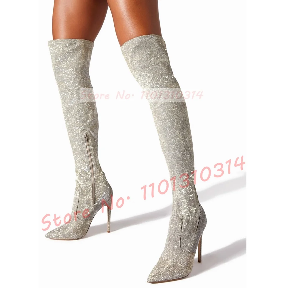 Glitter Over The Knee Stretch Boots Pretty Sparkling High Thin Heels Pointed Toe Side Zipper Thigh High Boots Women Street Style