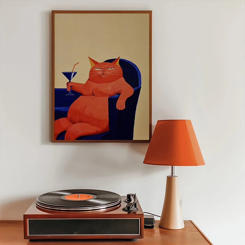 Affiche de boisson de chat rouge, peinture sur toile imprimée, rétro, cuisine du milieu du siècle, moderne, tendance, Art mural, Bar, salle à manger, décoration de maison
