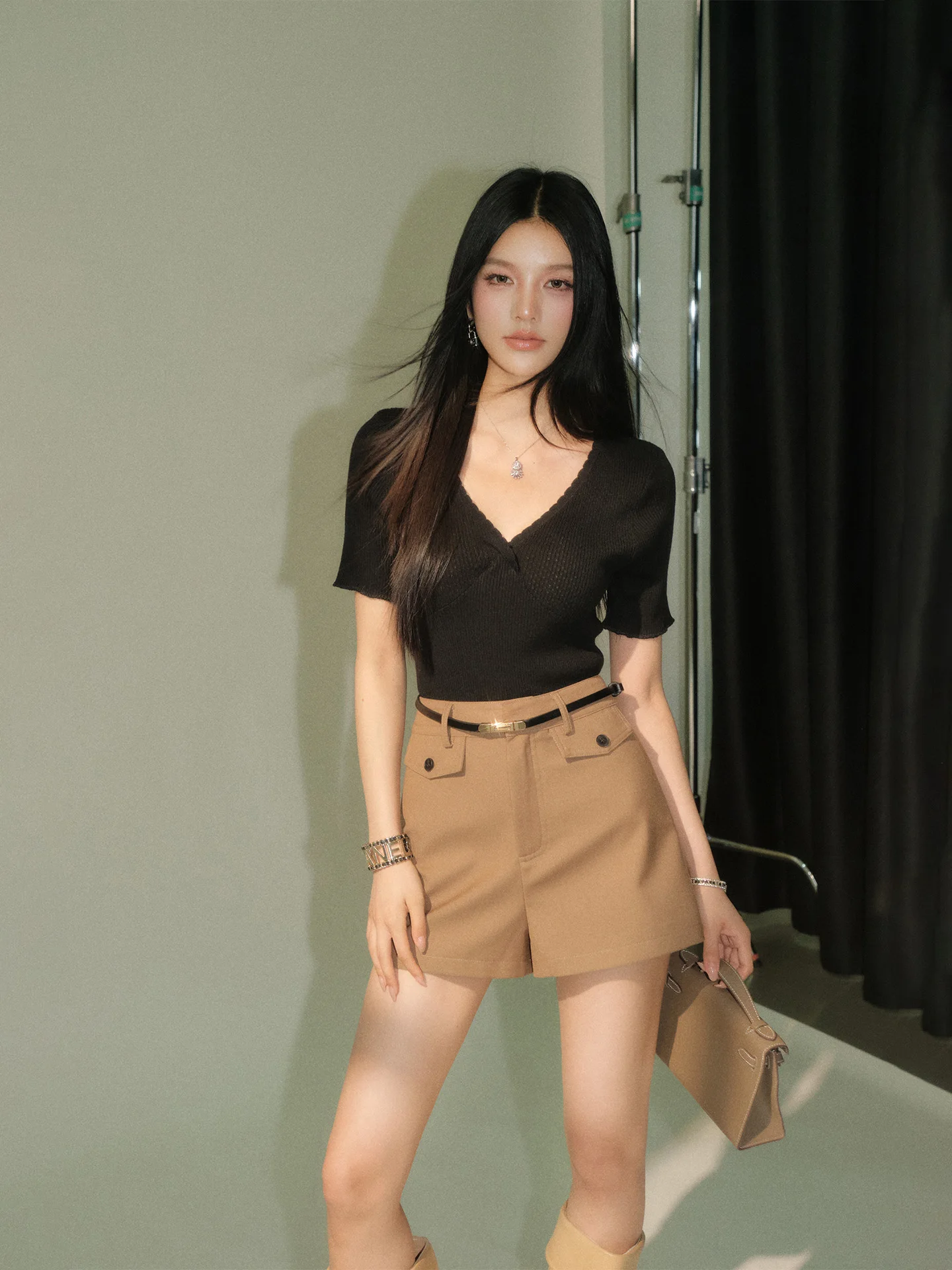 

Olivia Duo Wool Knitted Short Sleeve V-Neck Hollow out Summer Top Casual Style Universal Fit Slimming Pure Color Polyester Blend